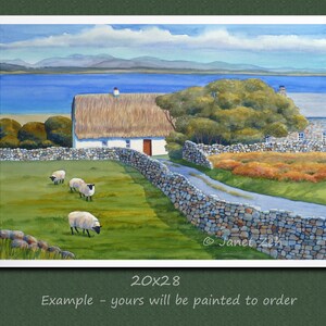 May include: Watercolor painting of a rural landscape featuring a white cottage with a thatched roof, stone walls, and grazing sheep. A road leads to the cottage, with a lake and mountains in the background. The painting is 20x28 inches.