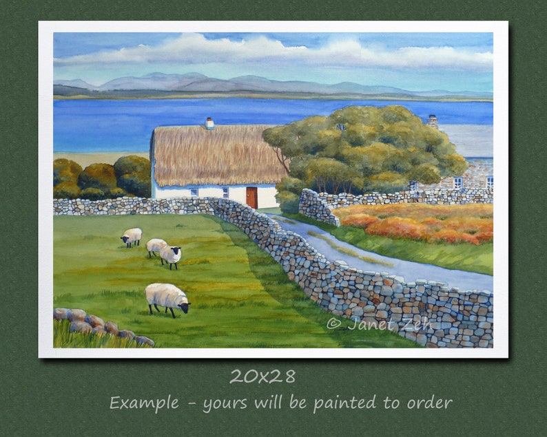 May include: Watercolor painting of a rural landscape featuring a white cottage with a thatched roof, stone walls, and grazing sheep. A road leads to the cottage, with a lake and mountains in the background. The painting is 20x28 inches.