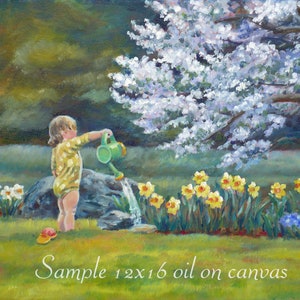 May include: A young child in a yellow and white polka dot dress waters a row of yellow daffodils with a green watering can. A large white flowering tree is in the background. The painting is titled "Sample 12x16 oil on canvas".