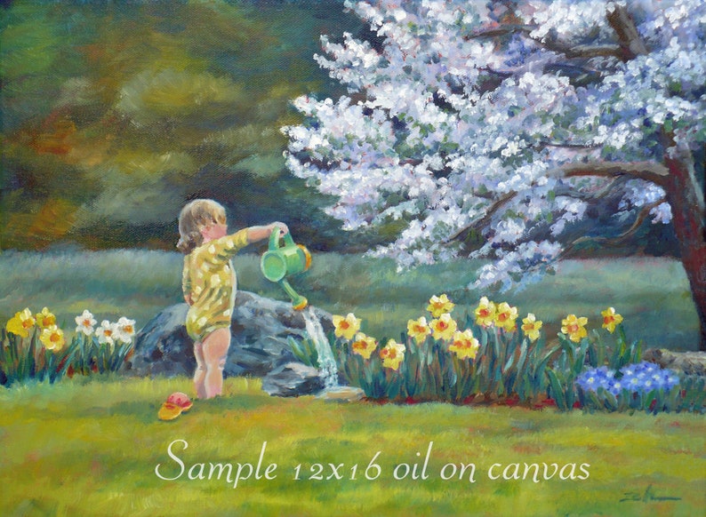 May include: A young child in a yellow and white polka dot dress waters a row of yellow daffodils with a green watering can. A large white flowering tree is in the background. The painting is titled "Sample 12x16 oil on canvas".