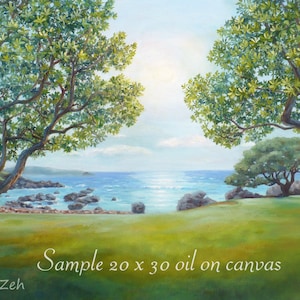 May include: A painting depicting a seascape with two trees framing the view. The ocean is blue and the sky is light blue. The trees are green and have a lush appearance. The painting is titled "Sample 20 x 30 oil on canvas" and signed by Janet Zeh.