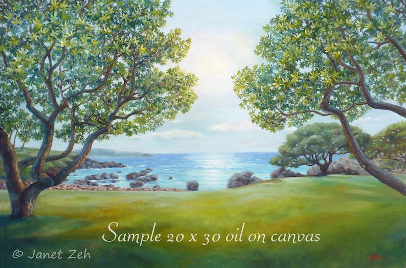 May include: A painting depicting a seascape with two trees framing the view. The ocean is blue and the sky is light blue. The trees are green and have a lush appearance. The painting is titled "Sample 20 x 30 oil on canvas" and signed by Janet Zeh.