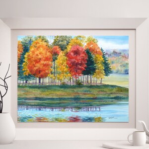 Fall Foliage Trees Pond Art Print Unframed Landscape Watercolor Wall ...