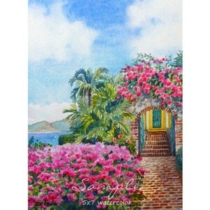 May include: Watercolor painting of a stone archway with a bright yellow door and steps leading up to it. The archway is covered in pink bougainvillea flowers and there are palm trees in the background. The painting is signed "5x7 watercolor".