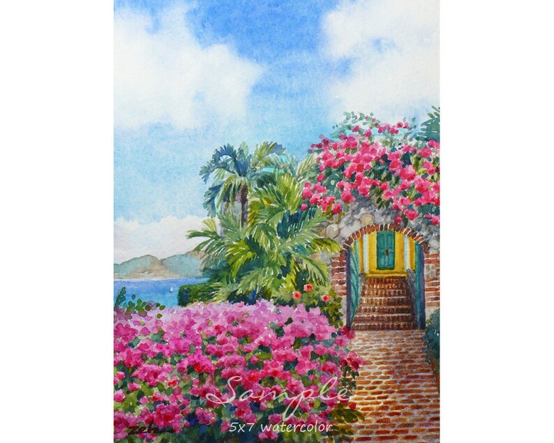 May include: Watercolor painting of a stone archway with a bright yellow door and steps leading up to it. The archway is covered in pink bougainvillea flowers and there are palm trees in the background. The painting is signed "5x7 watercolor".