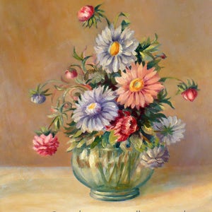 May include: A painting of a bouquet of pink, purple, and white flowers in a clear glass vase. The flowers are arranged in a vase on a light brown table. The background is a light brown wall. The painting is signed "Janet Zeh" in the bottom right corner. The text "Sample - 8x10 oil on panel" is written below the vase.