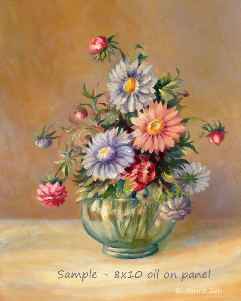 May include: A painting of a bouquet of pink, purple, and white flowers in a clear glass vase. The flowers are arranged in a vase on a light brown table. The background is a light brown wall. The painting is signed "Janet Zeh" in the bottom right corner. The text "Sample - 8x10 oil on panel" is written below the vase.