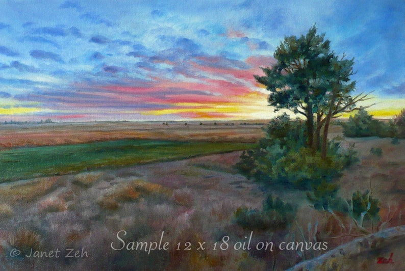 May include: A painting depicting a sunset over a field, with a solitary tree in the foreground. The sky is a blend of blue, pink, and yellow. The tree is a dark green and has a few branches. The field is a light green and brown. The painting is 12 x 18 inches and is oil on canvas. Sample 1.