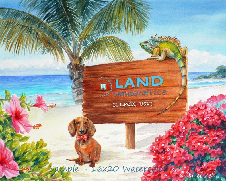 May include: A watercolor painting of a beach scene with a wooden sign that reads "Island Orthodontics, St. Croix, USVI". A green iguana is perched on the sign, and a dachshund wearing a red bow tie is sitting in the sand. There are pink hibiscus flowers and red bougainvillea flowers in the foreground.