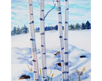 11x14 original painting birch trees in snow Impressionist watercolor Winter country landscape wall art on Yupo paper by Janet Zeh