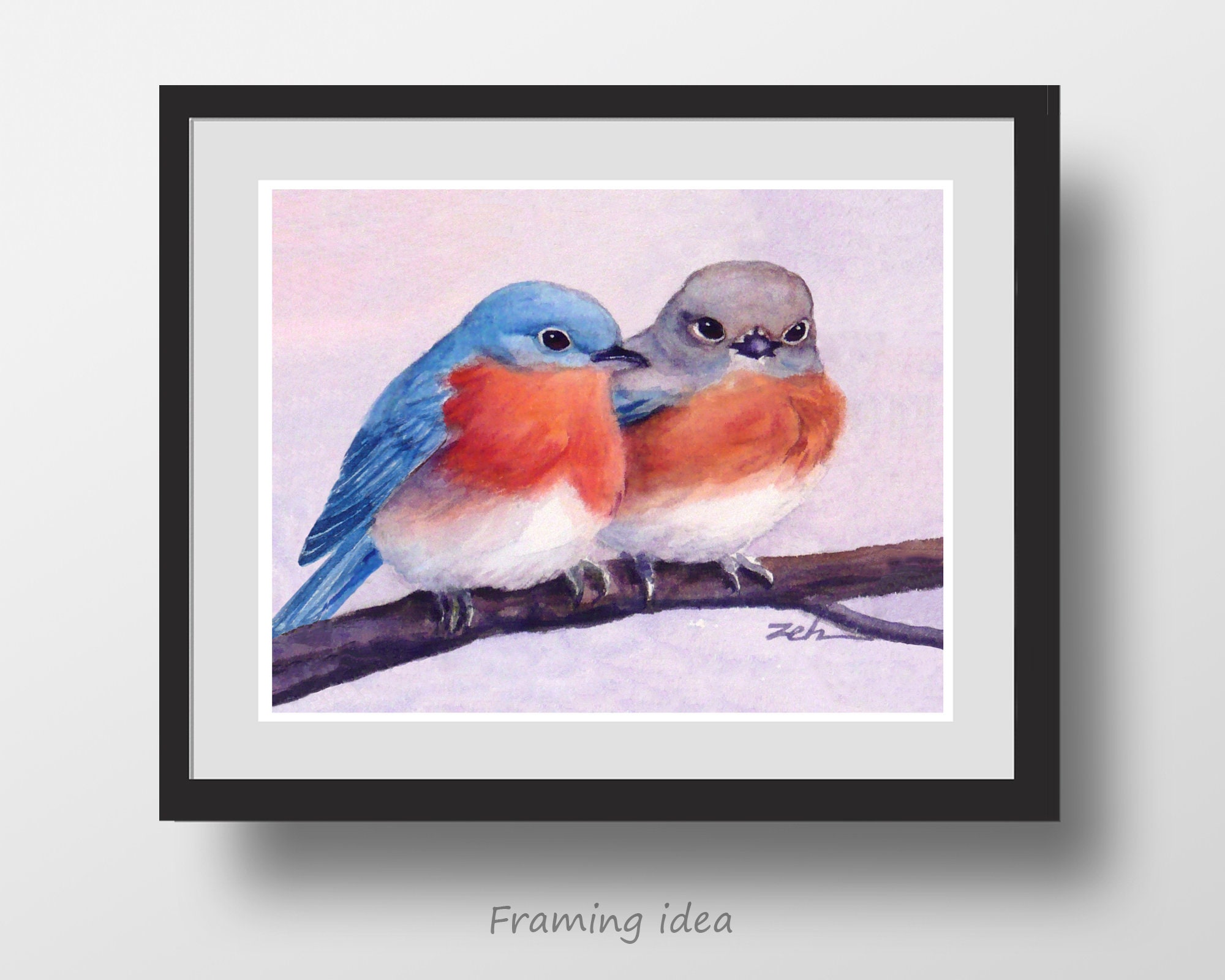 Two Bluebirds Art Print Cute Couple Watercolor Wall Decor Gift