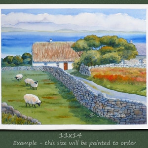 May include: Watercolor painting of a rural landscape featuring a white cottage with a thatched roof, stone walls, and grazing sheep. A road leads past the cottage. The painting is 11x14 inches.