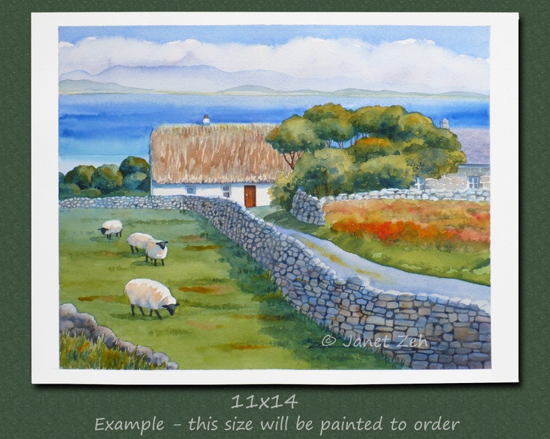 May include: Watercolor painting of a rural landscape featuring a white cottage with a thatched roof, stone walls, and grazing sheep. A road leads past the cottage. The painting is 11x14 inches.