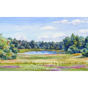 May include: Watercolor painting of a landscape with a lake, trees, and a red-berried tree in the foreground. The sky is blue with white clouds. The text "Sample 6x12 watercolor" is at the bottom of the image.