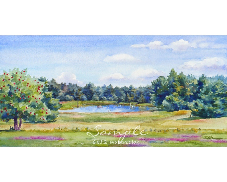 May include: Watercolor painting of a landscape with a lake, trees, and a red-berried tree in the foreground. The sky is blue with white clouds. The text "Sample 6x12 watercolor" is at the bottom of the image.