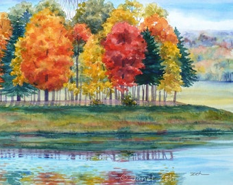 Fall foliage Trees pond art print Unframed landscape watercolor wall art Colorful New England autumn giclee Nature artwork by Janet Zeh