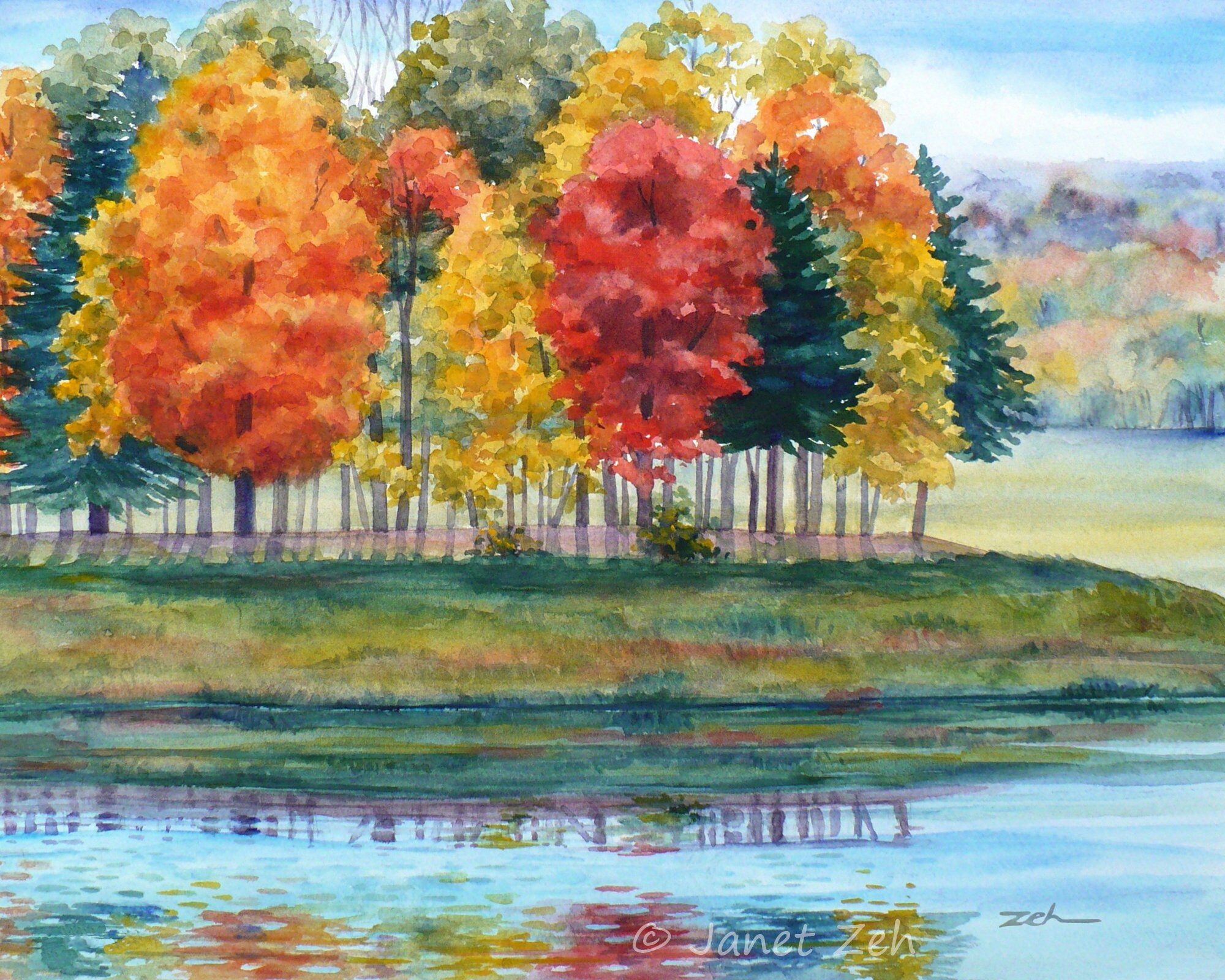 Fall Foliage Trees Pond Art Print Unframed Landscape Watercolor
