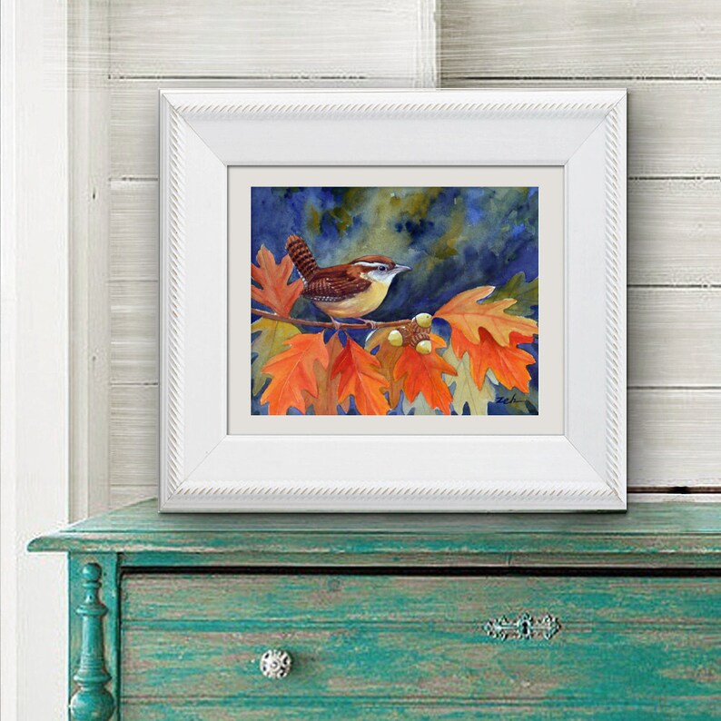 Bird art print carolina wren in oak tree autumn leaves fall watercolor print by Janet Zeh Original Art Home decor image 5