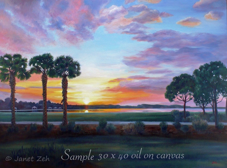 Large custom sunset sunrise canvas oil painting from photo Original landscape seascape beach wall art Nature commission artist Janet Zeh image 1