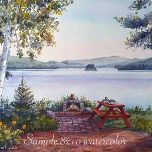 May include: Watercolor painting of a lakeside scene with a red picnic table, a stone fireplace, and a view of a lake and mountains in the distance. The painting is signed "Janet Zeh" and titled "Sample 8x10 watercolor".