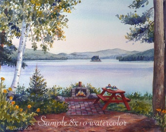 Custom commission watercolor landscape mountain lake river painting from photo wedding birthday anniversary nature art gift by Janet Zeh