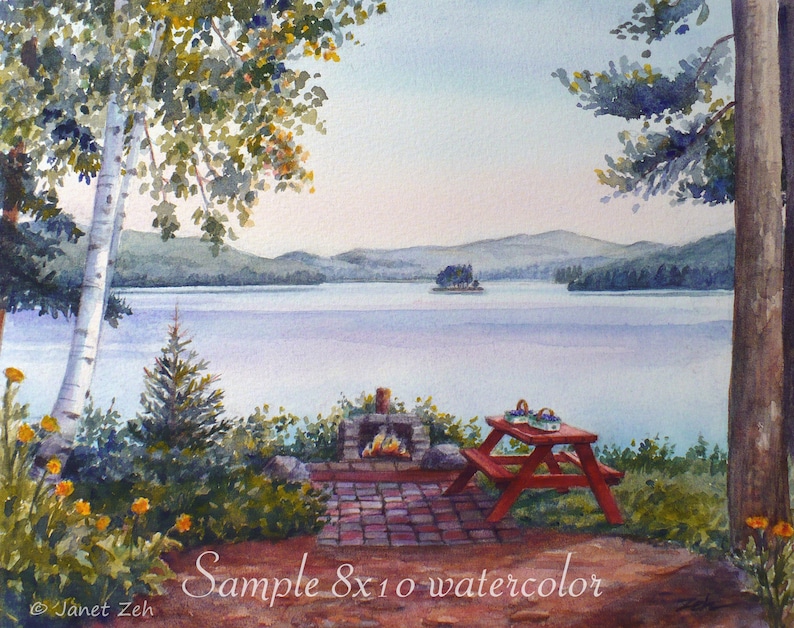 May include: Watercolor painting of a lakeside scene with a red picnic table, a stone fireplace, and a view of a lake and mountains in the distance. The painting is signed "Janet Zeh" and titled "Sample 8x10 watercolor".
