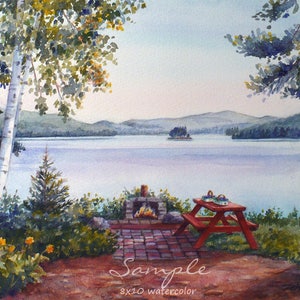 May include: Watercolor painting of a lake scene with a red picnic table and a stone fireplace. The lake is in the background with a small island in the middle. There are trees on either side of the scene. The text "Sample 8x10 watercolor" is at the bottom of the image.