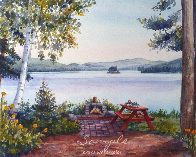 May include: Watercolor painting of a lake scene with a red picnic table and a stone fireplace. The lake is in the background with a small island in the middle. There are trees on either side of the scene. The text "Sample 8x10 watercolor" is at the bottom of the image.