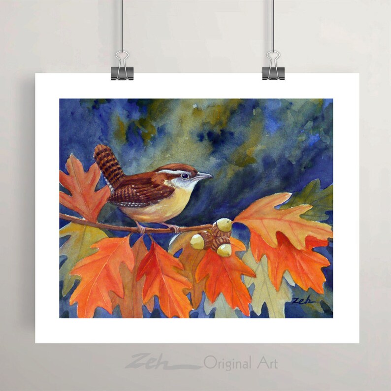 Bird art print carolina wren in oak tree autumn leaves fall watercolor print by Janet Zeh Original Art Home decor image 1