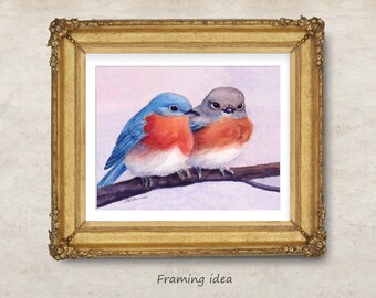 Two Bluebirds Art Print Cute Couple Watercolor Wall Decor Gift