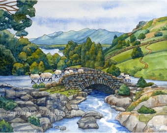 Original sheep painting Ashness Bridge Cumbria England watercolor & ink landscape wall art Peaceful home decor Painted to order