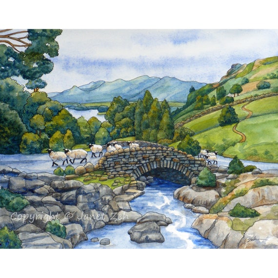 Original sheep painting Ashness Bridge Cumbria England watercolor & ink landscape wall art Peaceful home decor Painted to order