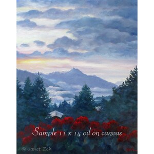 May include: A painting of a mountain landscape with a blue sky and white clouds. The mountains are in the background and there are trees in the foreground. The painting is titled "Sample 11 x 14 oil on canvas" and signed "Janet Zeh".