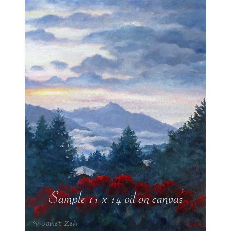 May include: A painting of a mountain landscape with a blue sky and white clouds. The mountains are in the background and there are trees in the foreground. The painting is titled "Sample 11 x 14 oil on canvas" and signed "Janet Zeh".