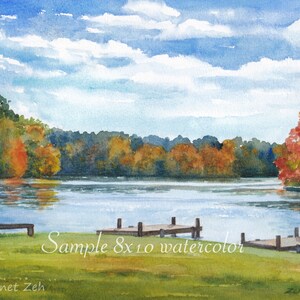 May include: Watercolor painting of a lake scene with fall foliage, a wooden dock, and a bench on the shore. The sky is blue with white clouds. The text "Sample 8x10 watercolor" is written on the image.