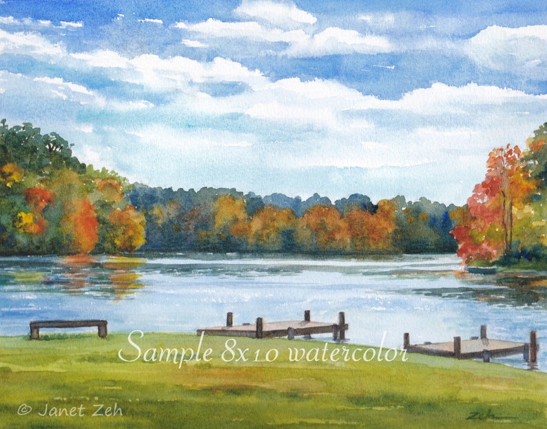 May include: Watercolor painting of a lake scene with fall foliage, a wooden dock, and a bench on the shore. The sky is blue with white clouds. The text "Sample 8x10 watercolor" is written on the image.