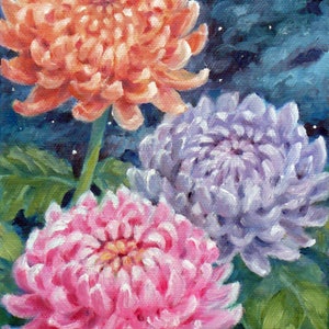 May include: A painting of three chrysanthemums in shades of pink, purple, and orange against a dark blue background with white stars. The painting is titled "Sample - 5x7 oil on canvas" and signed "Janet Zeh".