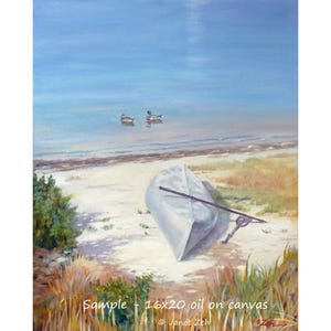 May include: A painting of a white boat on a sandy beach with a blue sky and water in the background. The boat is upside down and has a long oar sticking out of it. There are two small boats in the distance. The painting is titled "Sample 16x20 oil on canvas" and signed "Janet Zehl".