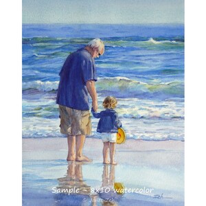 May include: A watercolor painting of an older man and a young child walking on a beach. The man is wearing a blue shirt and khaki shorts. The child is wearing a blue jacket and white shorts. They are holding hands and walking towards the ocean.