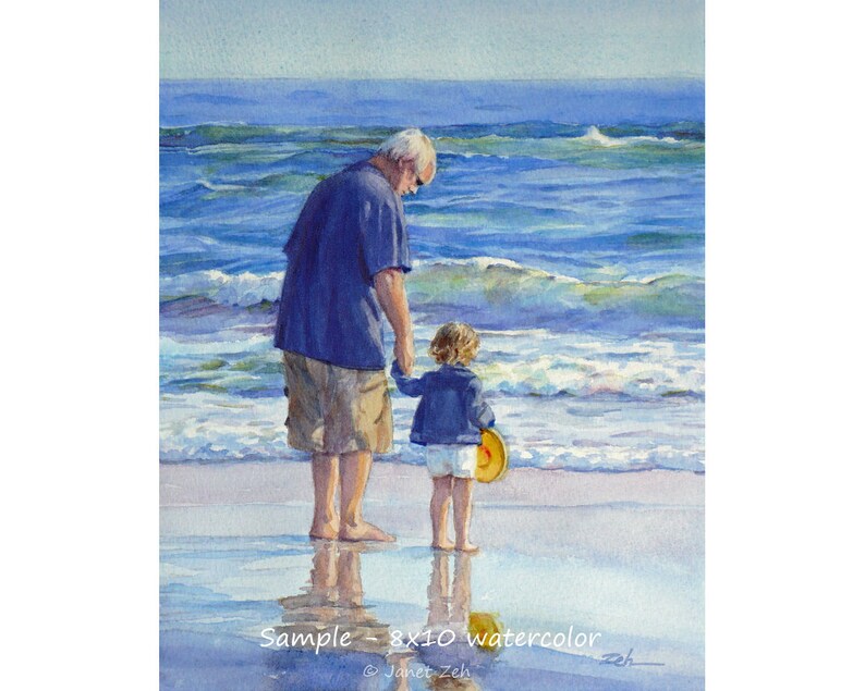 May include: A watercolor painting of an older man and a young child walking on a beach. The man is wearing a blue shirt and khaki shorts. The child is wearing a blue jacket and white shorts. They are holding hands and walking towards the ocean.
