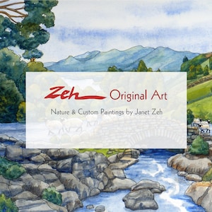 Pode incluir: Pintura em aquarela de uma ponte de pedra sobre um rio com uma cordilheira de montanhas ao fundo. A pintura &eacute; intitulada "Zeh Original Art" e inclui o texto "Nature & Custom Paintings by Janet Zeh".