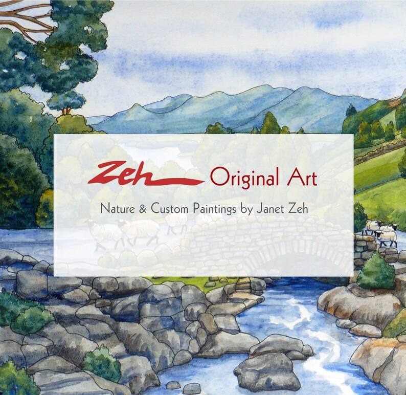 Pode incluir: Pintura em aquarela de uma ponte de pedra sobre um rio com uma cordilheira de montanhas ao fundo. A pintura &eacute; intitulada "Zeh Original Art" e inclui o texto "Nature & Custom Paintings by Janet Zeh".
