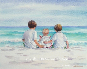 Small custom watercolor painting of children from photo Child painting Unique commissioned gift artwork by Janet Zeh Original Art