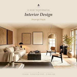 Puede incluir: Paquete de indicaciones de diseño de interiores con el texto "AI Room Transformation" y "Interior Design Prompt Pack". La imagen muestra un salón moderno con un sofá, una mesa de centro, sillas y obras de arte. La habitación está decorada en tonos neutros.
