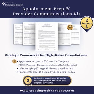 May include: A kit titled "Appointment Prep & Provider Communications Kit" with several documents. The image includes text: "Strategic Frameworks for High-Stakes Consultations" and "Designed as a stand-alone kit". The website address is www.creatingorderandease.com.
