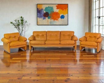 Zestaw wypoczynkowy Tobia Scarpa Coronado | Autentyczny 3-częściowy brązowy skórzany salon | Salon w stylu vintage C&B Italia | Włoski design w stylu mid-century modern