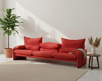 Cassina Maralunga Sofa Vico Magistretti | Rare Red Velvet 3 Seater Couch | Mid Century Modern Italian Lounge | Authentic Adjustable Sofa