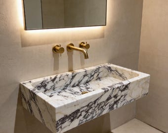 Calacatta Viola Marble Wall Mounted Sink, Floating Stone Basin, Modern Bathroom Vanity