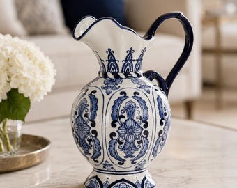 Blauwwitte keramische kan, Ottomaanse bloemenvaas in Iznik-stijl, decoratieve kan