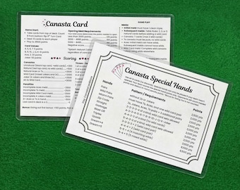 Carte Canasta personnalisée | Règles de Canasta | Score Canasta moderne | Aiguilles spéciales Canasta | Carte de règles plastifiée Canasta | Canasta débutant